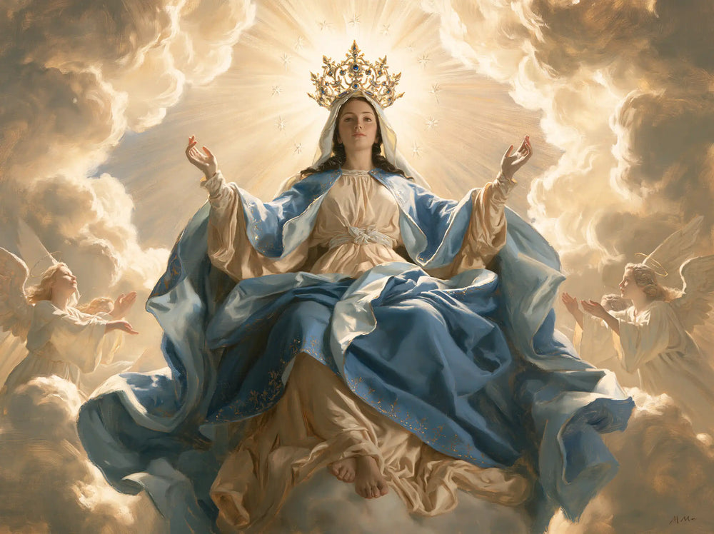 Mary glorified as Queen of Heaven in Heavenly Glory style, landscape Christian artwork no. 1