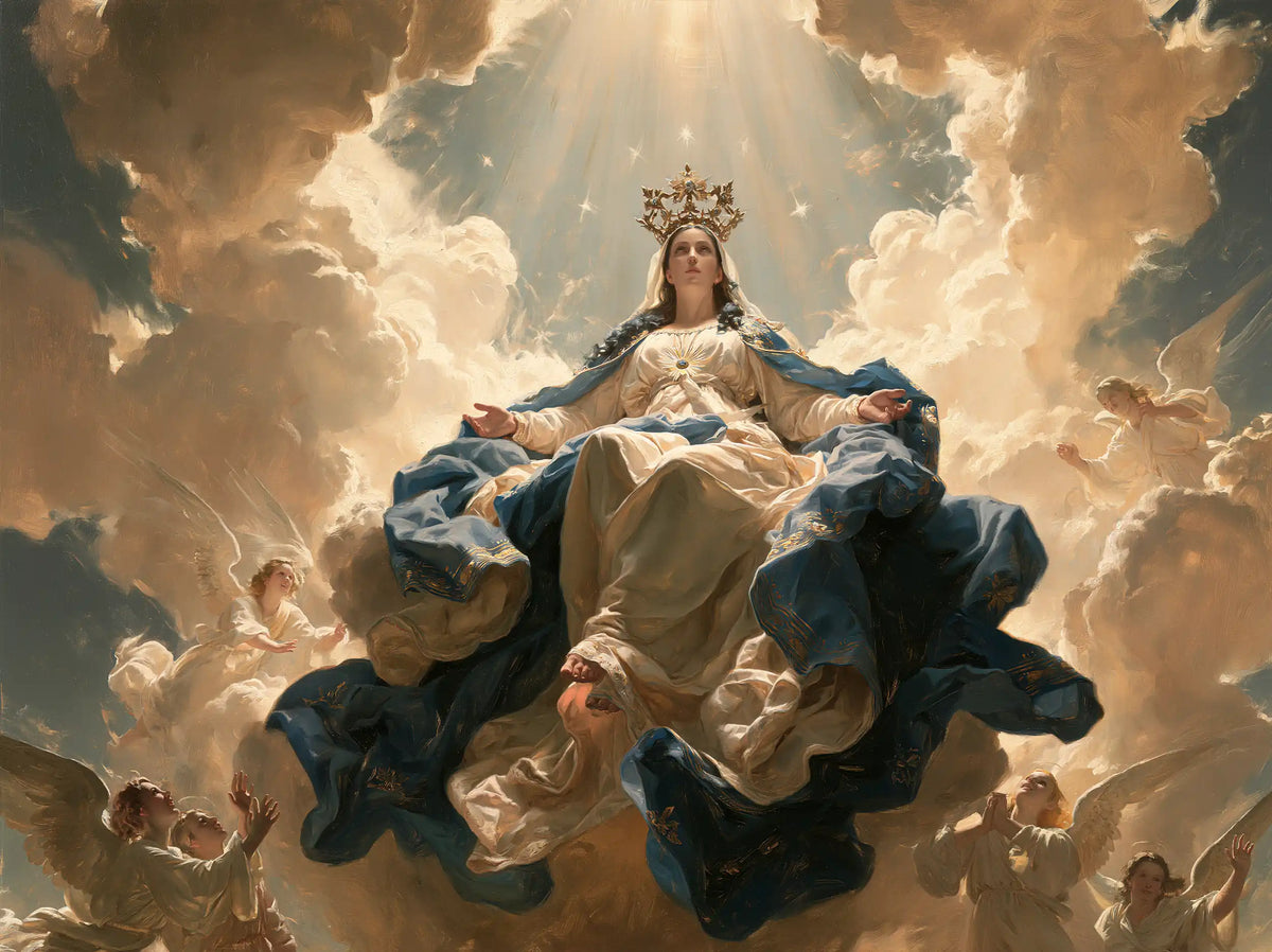 Mary glorified as Queen of Heaven in Heavenly Glory style, landscape Christian artwork no. 4