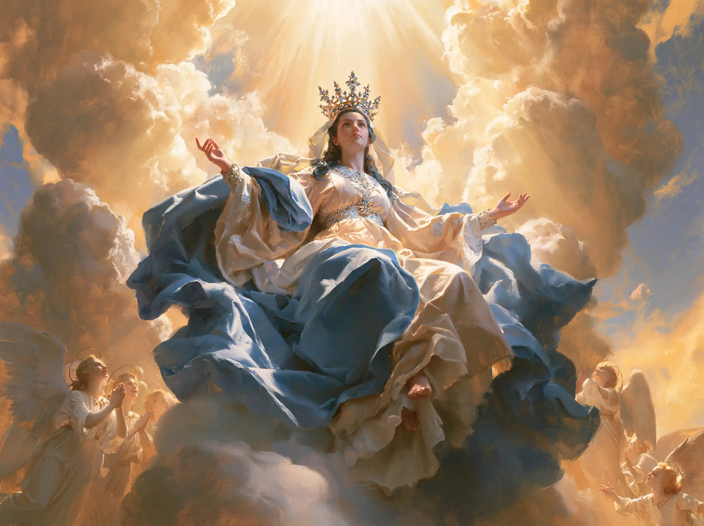 Mary glorified as Queen of Heaven in Heavenly Glory style, landscape Christian artwork no. 5