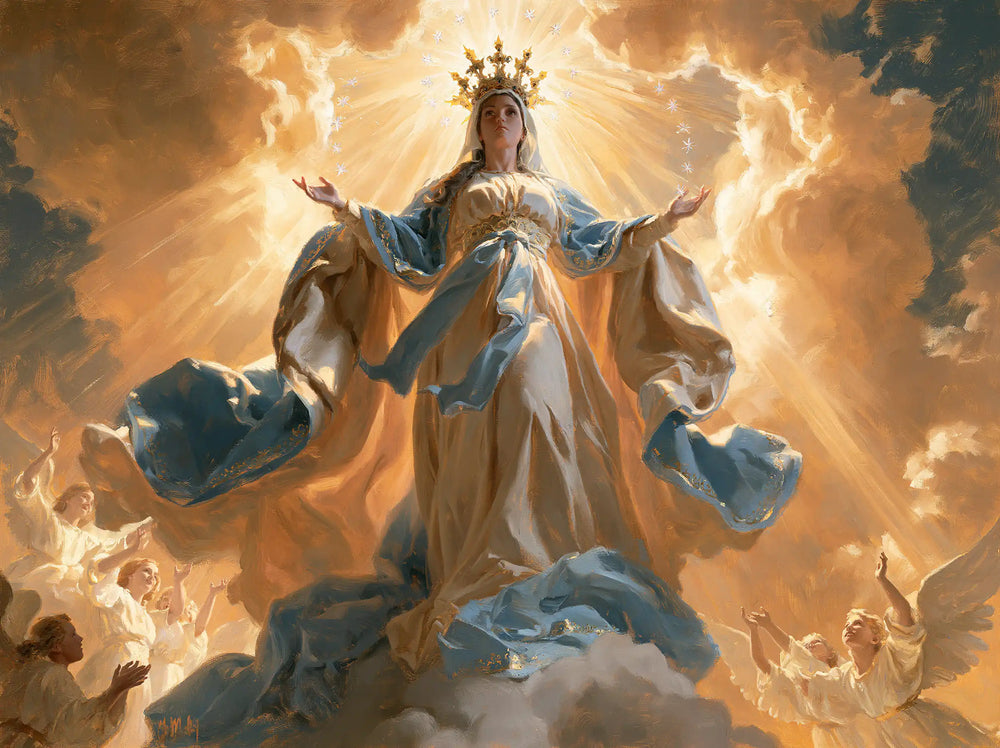 Mary glorified as Queen of Heaven in Heavenly Glory style, landscape Christian artwork no. 9