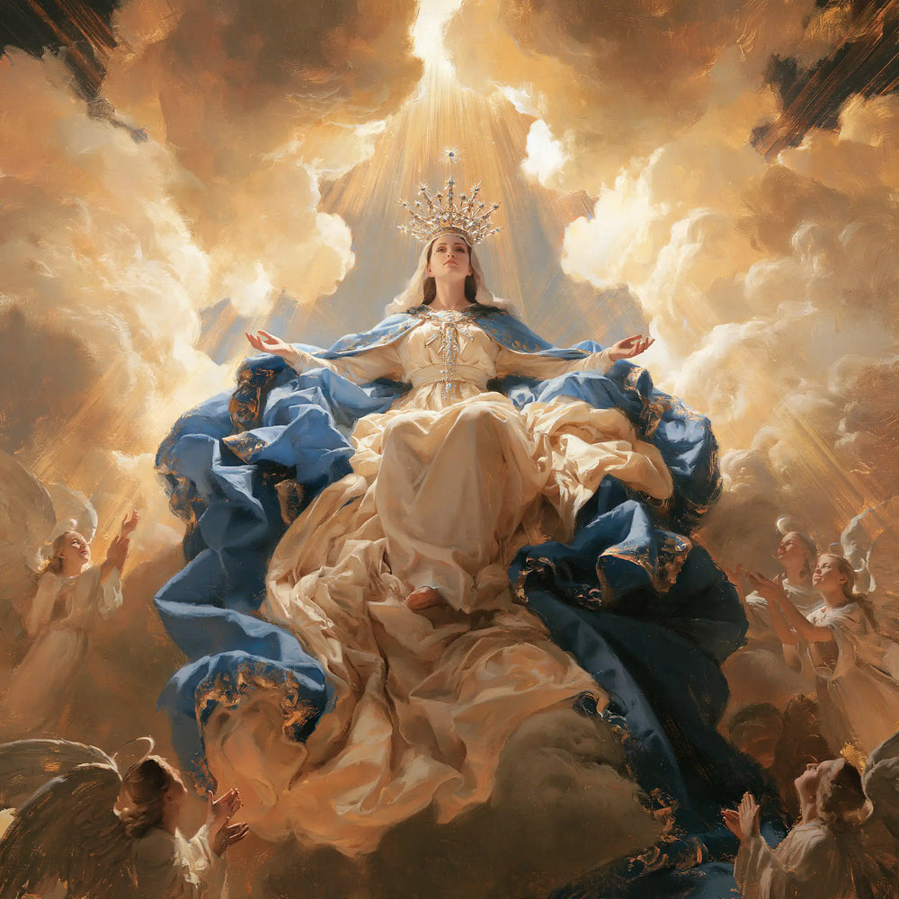 Mary glorified as Queen of Heaven in Heavenly Glory style, square Christian artwork no. 1