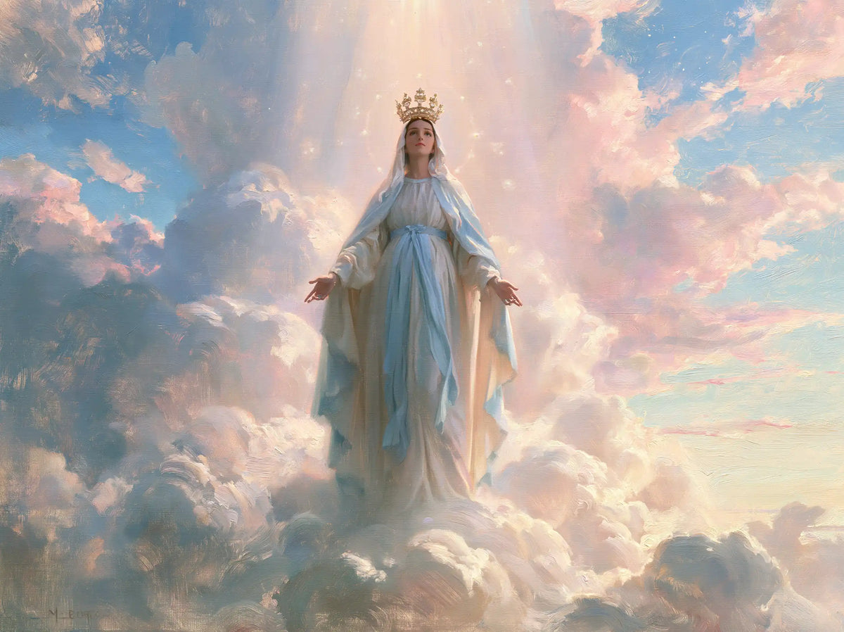 Mary as Queen of Heaven in an impressionist atmosphere in Impressionist style, landscape Christian artwork no. 3