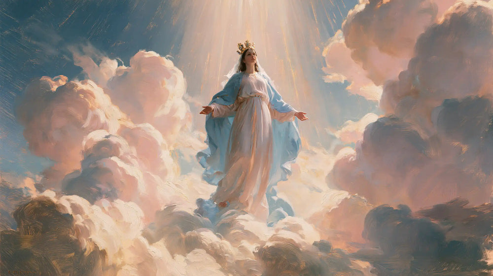 Mary as Queen of Heaven in an impressionist atmosphere in Impressionist style, landscape Christian artwork no. 12