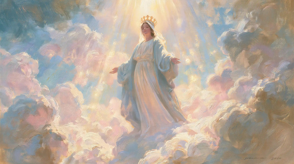 Mary as Queen of Heaven in an impressionist atmosphere in Impressionist style, landscape Christian artwork no. 14
