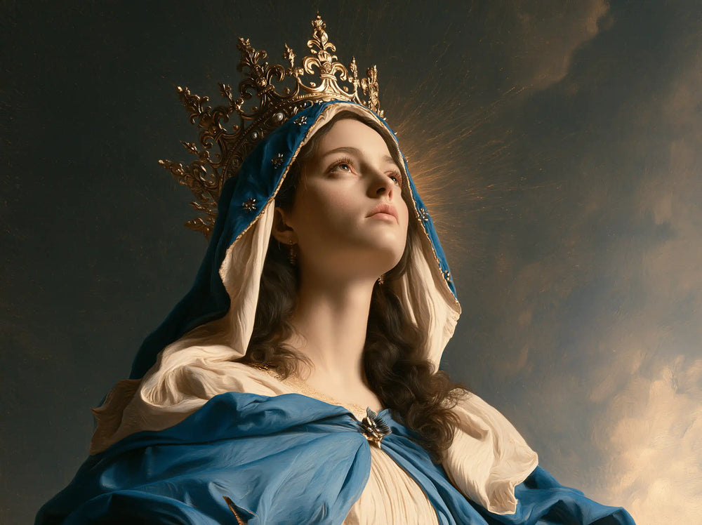 Mary as Queen of Heaven surrounded by divine light in Mary as Divine Light style, landscape Christian artwork no. 2