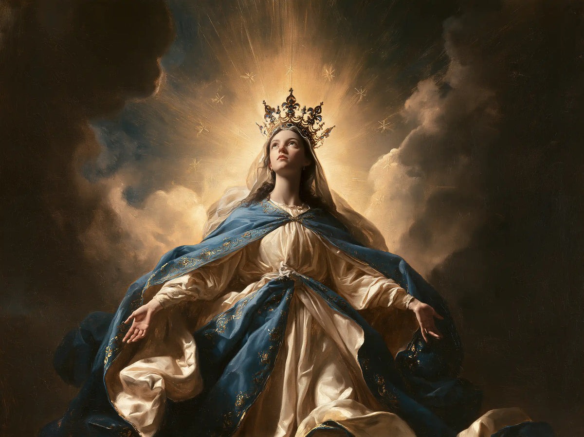 Mary as Queen of Heaven surrounded by divine light in Mary as Divine Light style, landscape Christian artwork no. 3