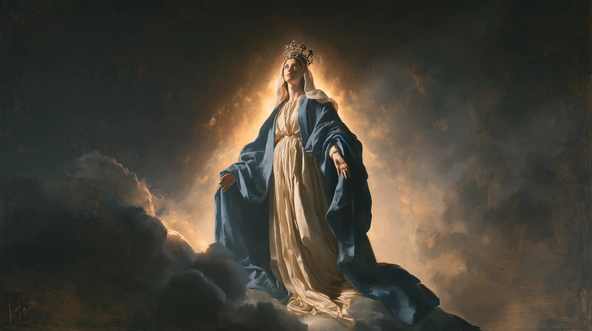 Mary as Queen of Heaven surrounded by divine light in Mary as Divine Light style, landscape Christian artwork no. 12