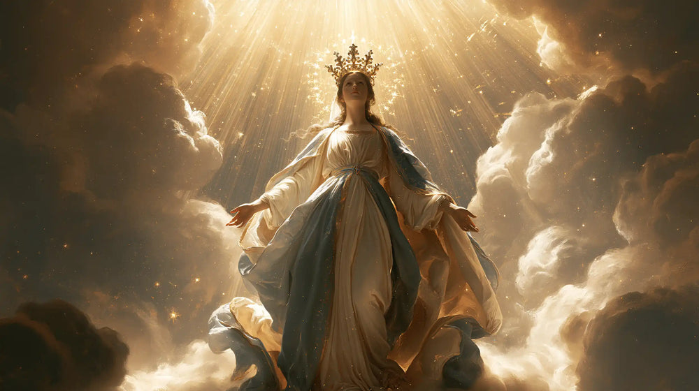 Mary as Queen of Heaven before heavenly light in Mary before Heavenly Light style, landscape Christian artwork no. 7