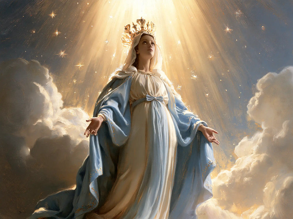 Mary as Queen of Heaven before heavenly light in Mary before Heavenly Light style, landscape Christian artwork no. 11