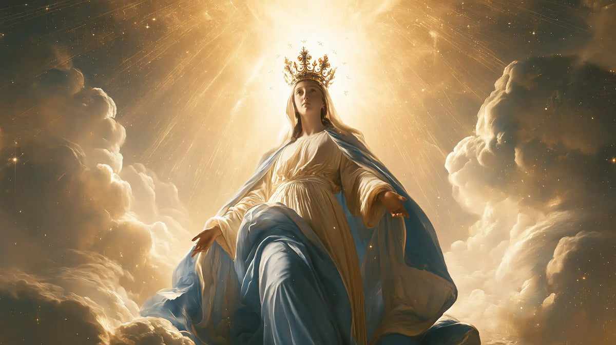 Mary as Queen of Heaven before heavenly light in Mary before Heavenly Light style, landscape Christian artwork no. 14