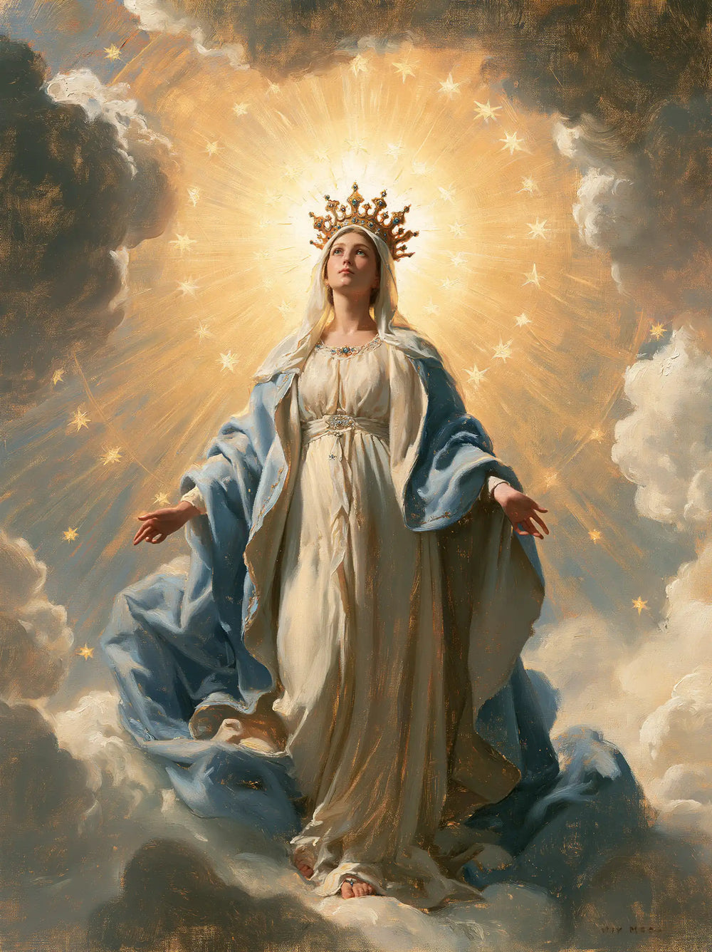 Mary as Queen of Heaven before heavenly light in Mary before Heavenly Light style, portrait Christian artwork no. 3