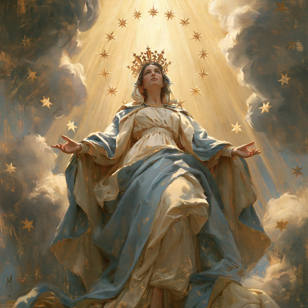 Mary as Queen of Heaven before heavenly light in Mary before Heavenly Light style, square Christian artwork no. 3