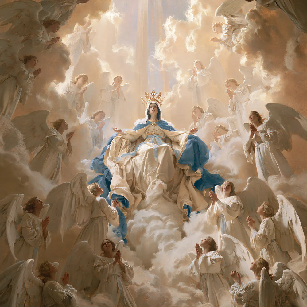 Mary as Queen of Heaven surrounded by angels in Mary Surrounded by Angels style, square Christian artwork no. 3
