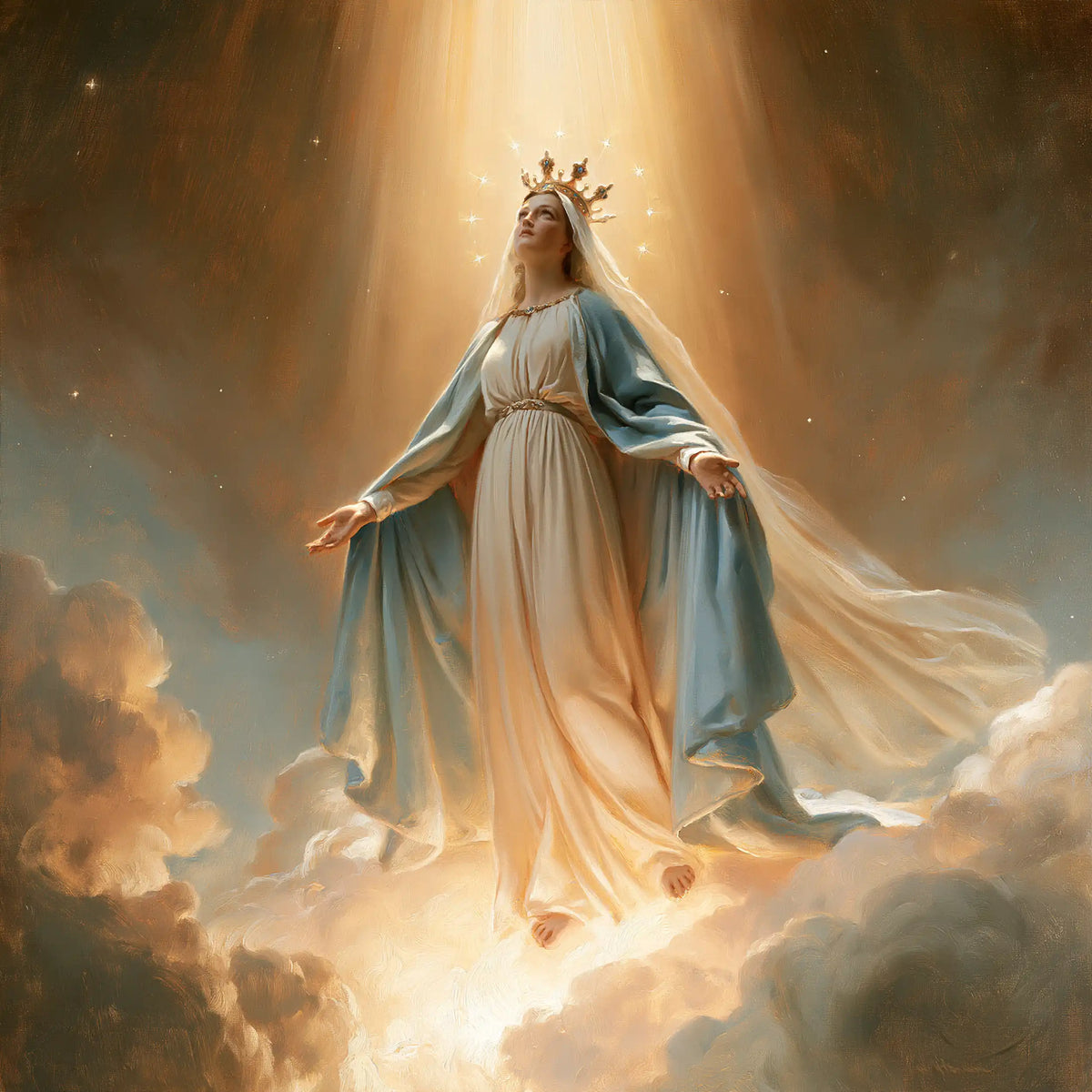 Mary as Queen of Heaven upon the clouds in Mary upon the Clouds style, square Christian artwork no. 3