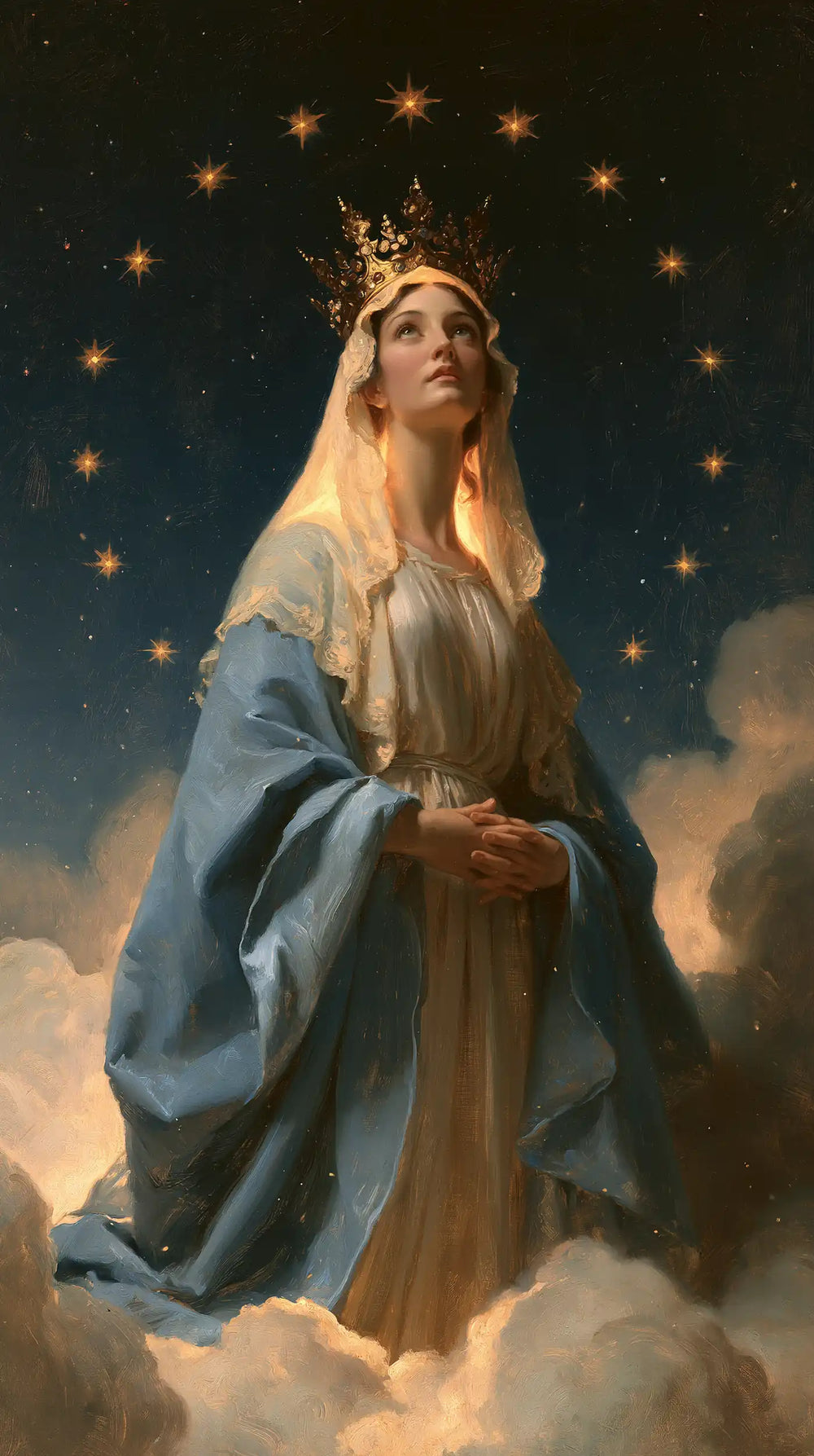 Mary as Queen of Heaven in midnight-blue chiaroscuro in Midnight Blue Chiaroscuro style, portrait Christian artwork no. 3