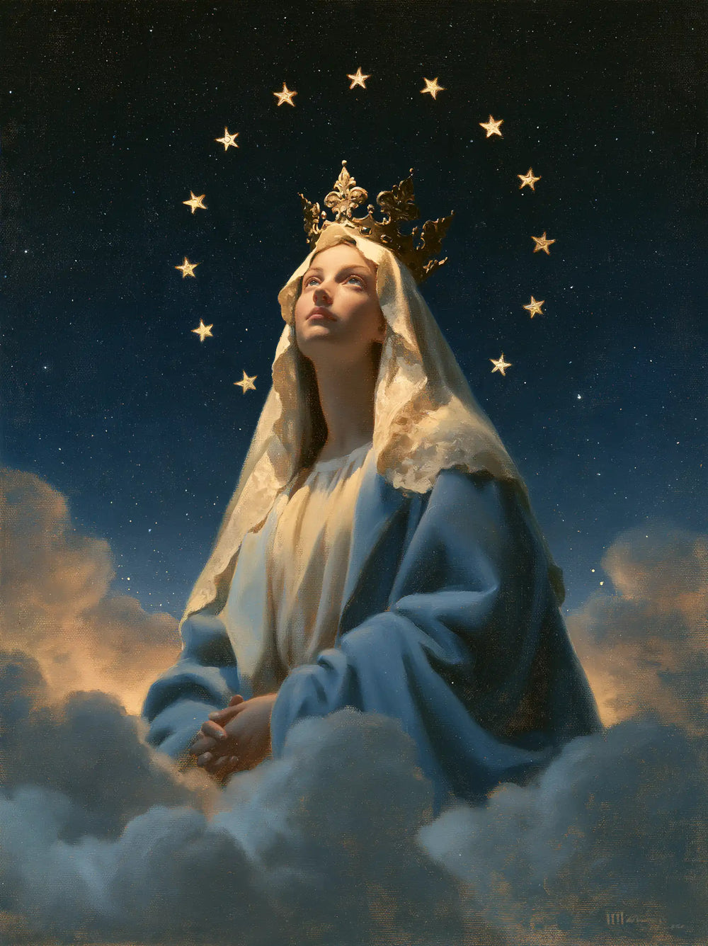Mary as Queen of Heaven in midnight-blue chiaroscuro in Midnight Blue Chiaroscuro style, portrait Christian artwork no. 24