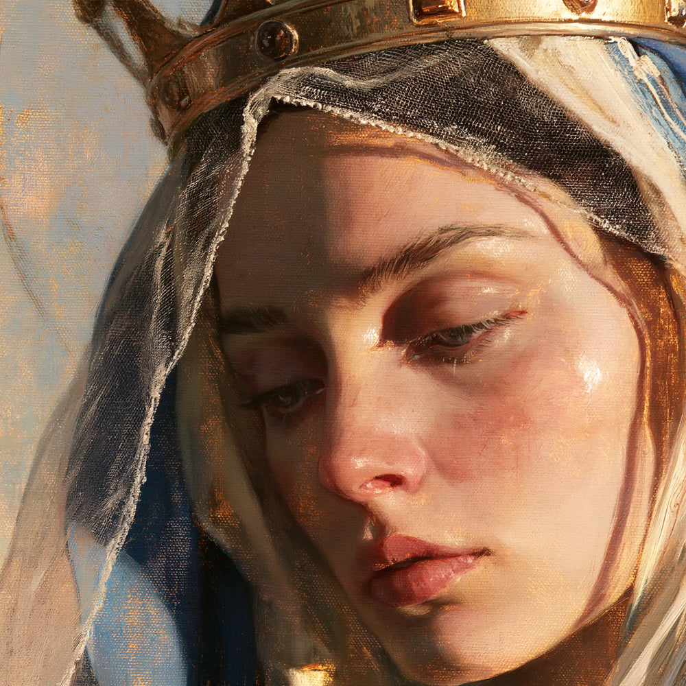 a close portrait of Mary as Queen of Heaven in Psychological Close-Up style, square Christian artwork no. 5