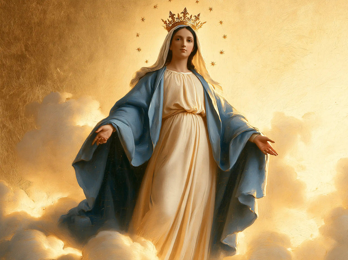 Mary crowned as Queen of Heaven in Sacred Gold style, landscape Christian artwork no. 6