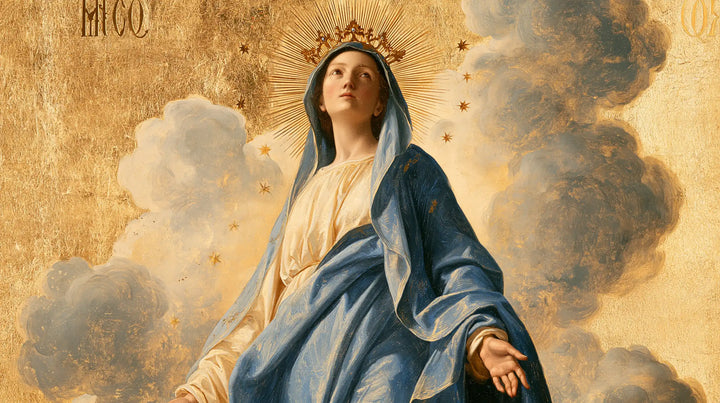Mary, Queen of Heaven — The Upward Face Beneath Engraved Rays