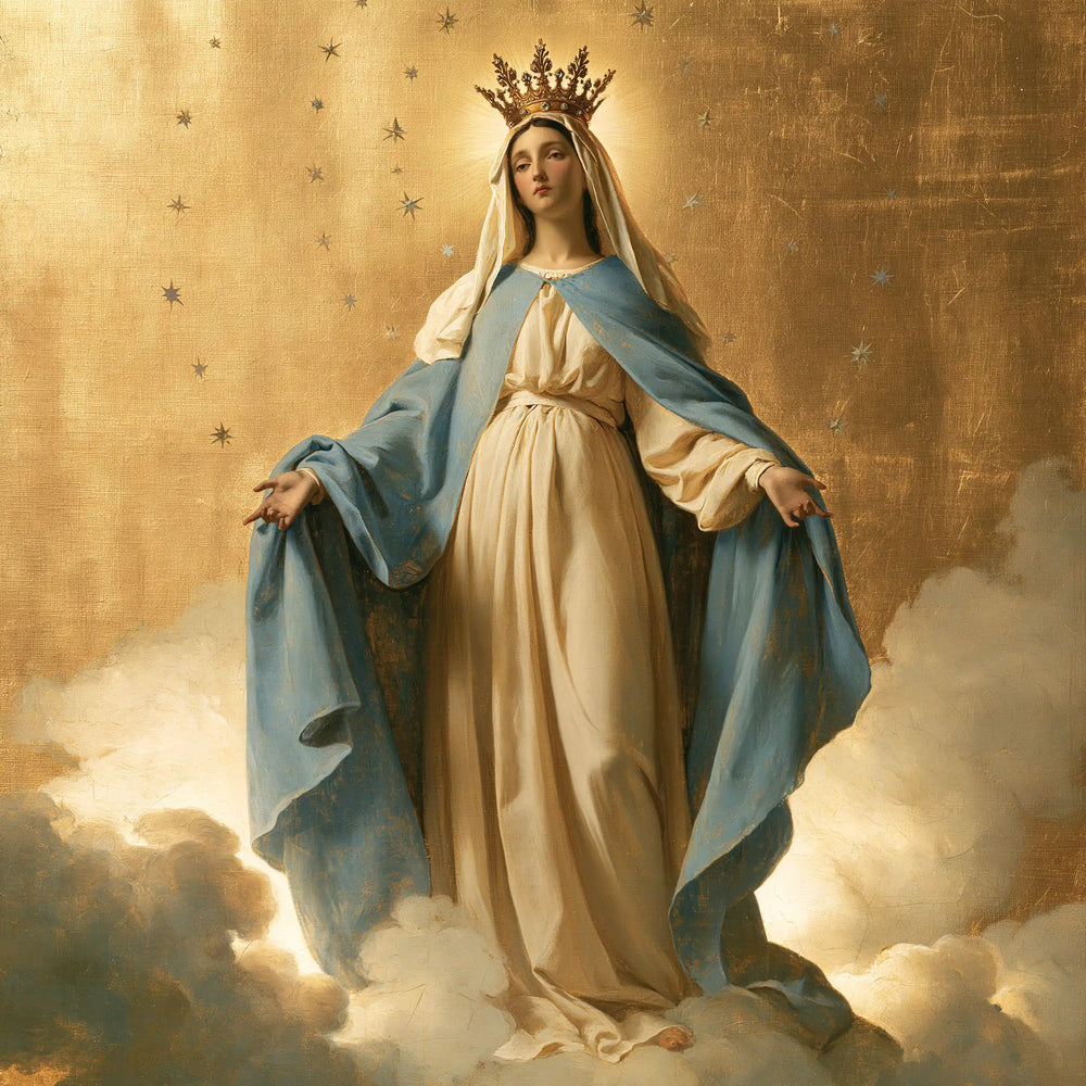 Mary crowned as Queen of Heaven in Sacred Gold style, square Christian artwork no. 3