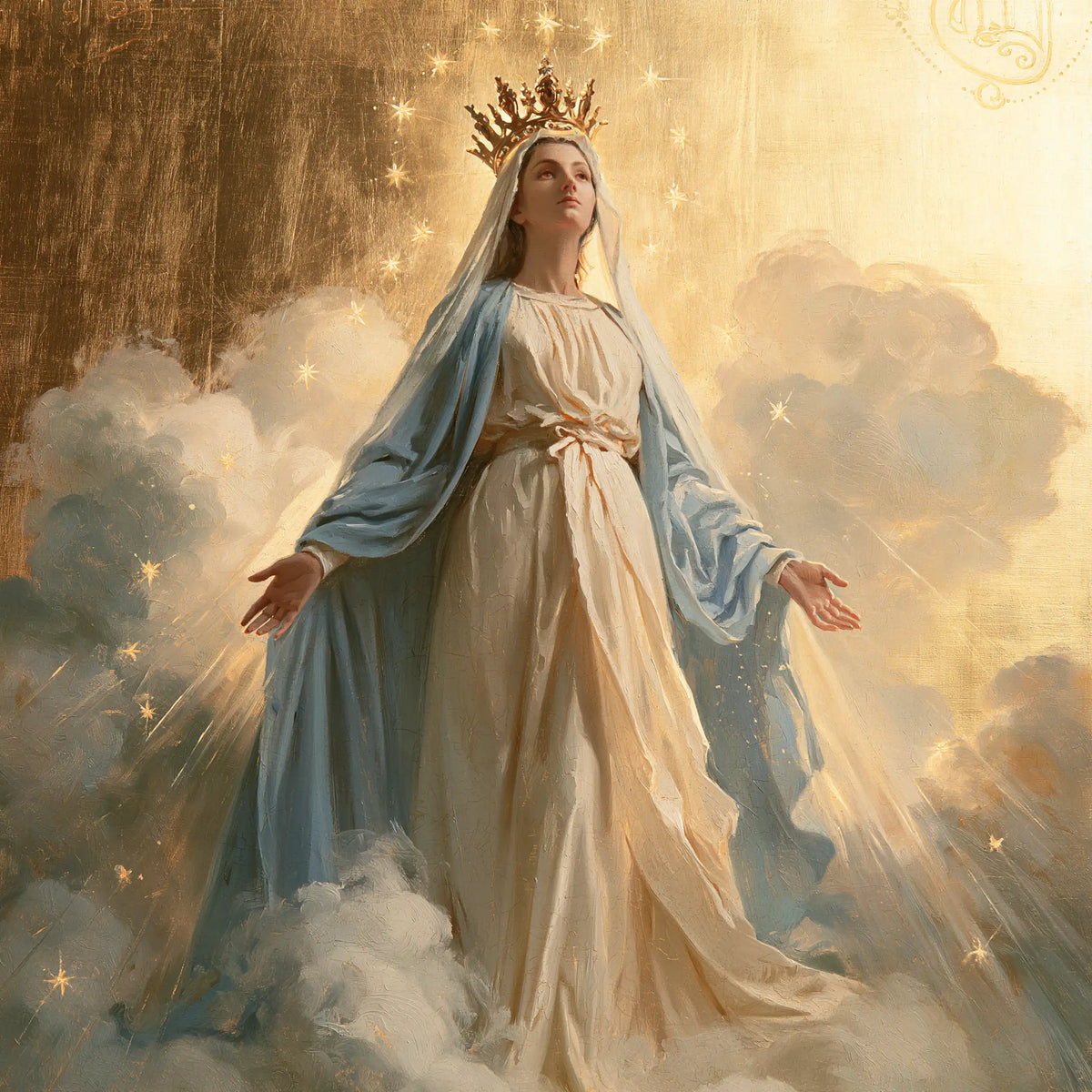 Mary crowned as Queen of Heaven in Sacred Gold style, square Christian artwork no. 6