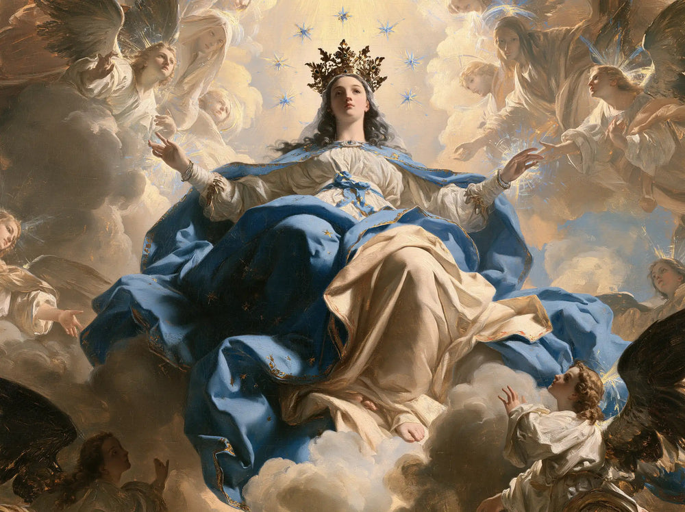 Mary as Queen of Heaven in a monumental sacred view in Sacred Monumental View style, landscape Christian artwork no. 2