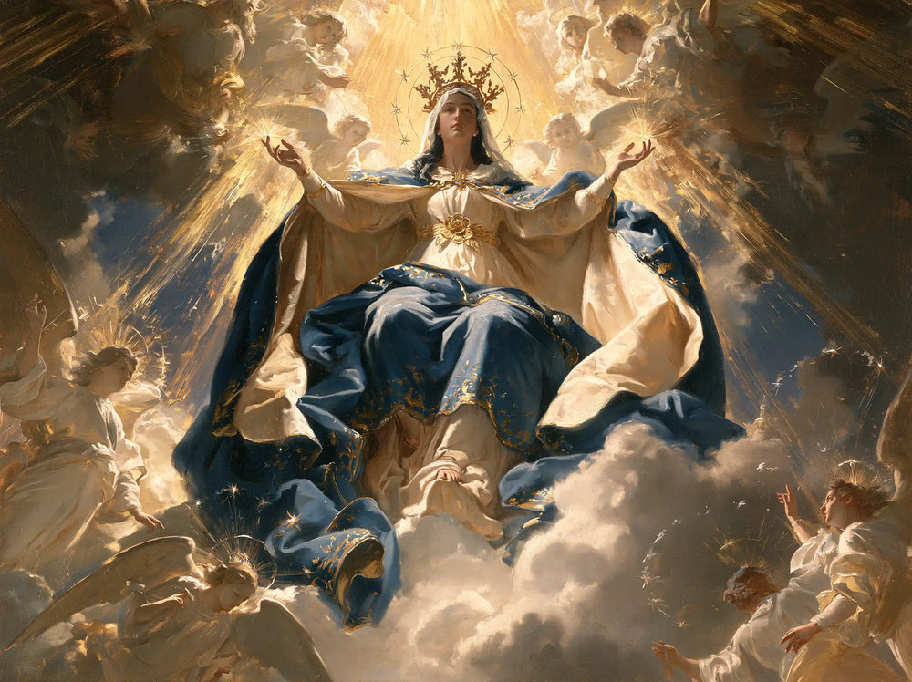 Mary as Queen of Heaven in a monumental sacred view in Sacred Monumental View style, landscape Christian artwork no. 4