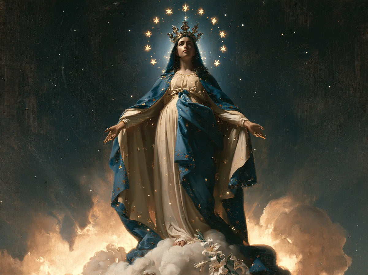 Mary as Queen of Heaven in a symbolist composition in Symbolist style, landscape Christian artwork no. 8