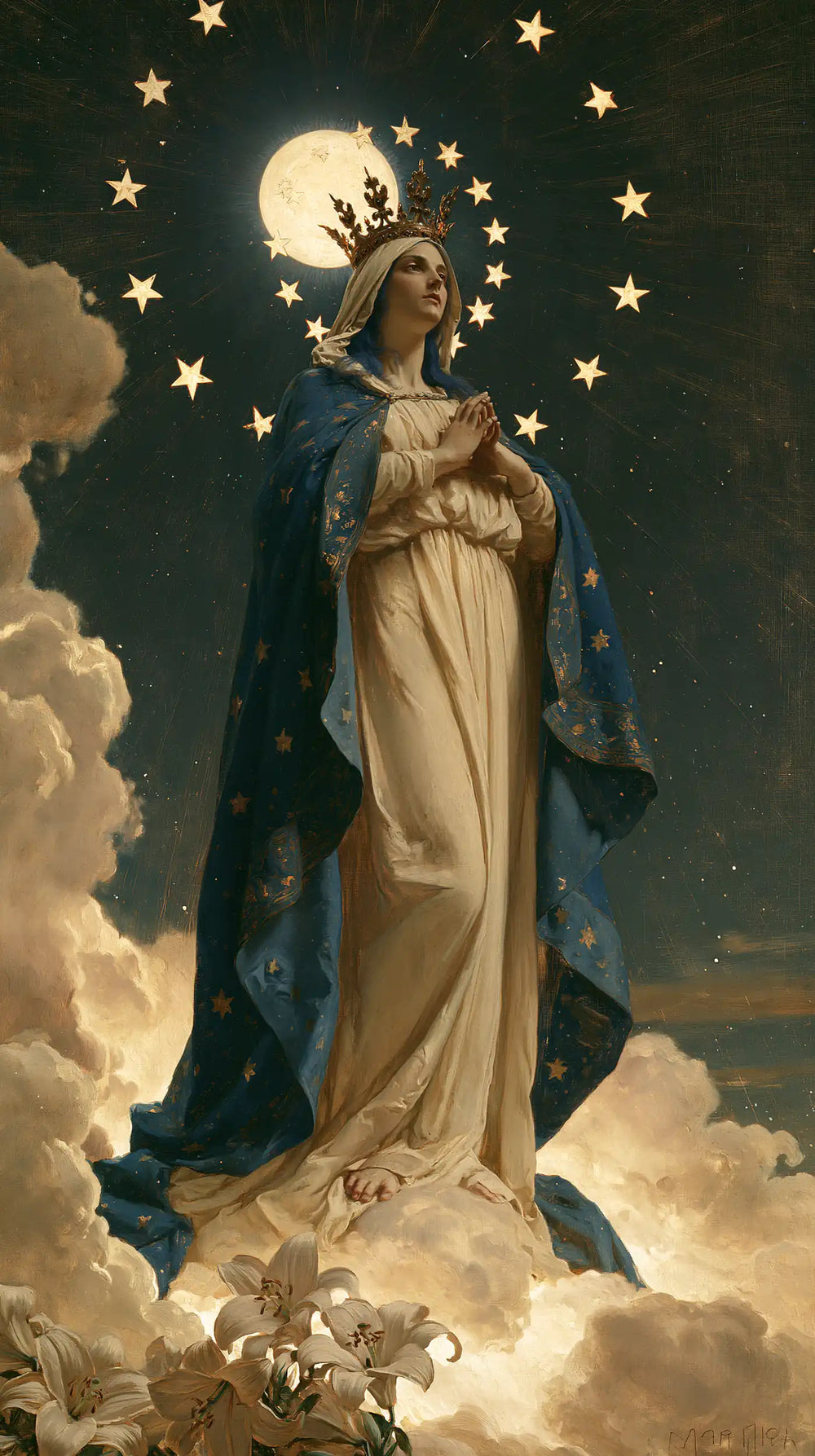 Mary as Queen of Heaven in a symbolist composition in Symbolist style, portrait Christian artwork no. 14