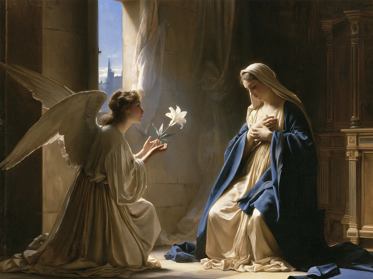 Mary's Answer in the Shadowed Hall – Bouguereau-Inspired Academic Art · Landscape