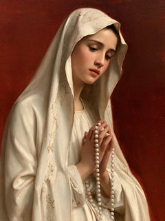 Our Lady of Fatima – White Veil Against Cardinal Red