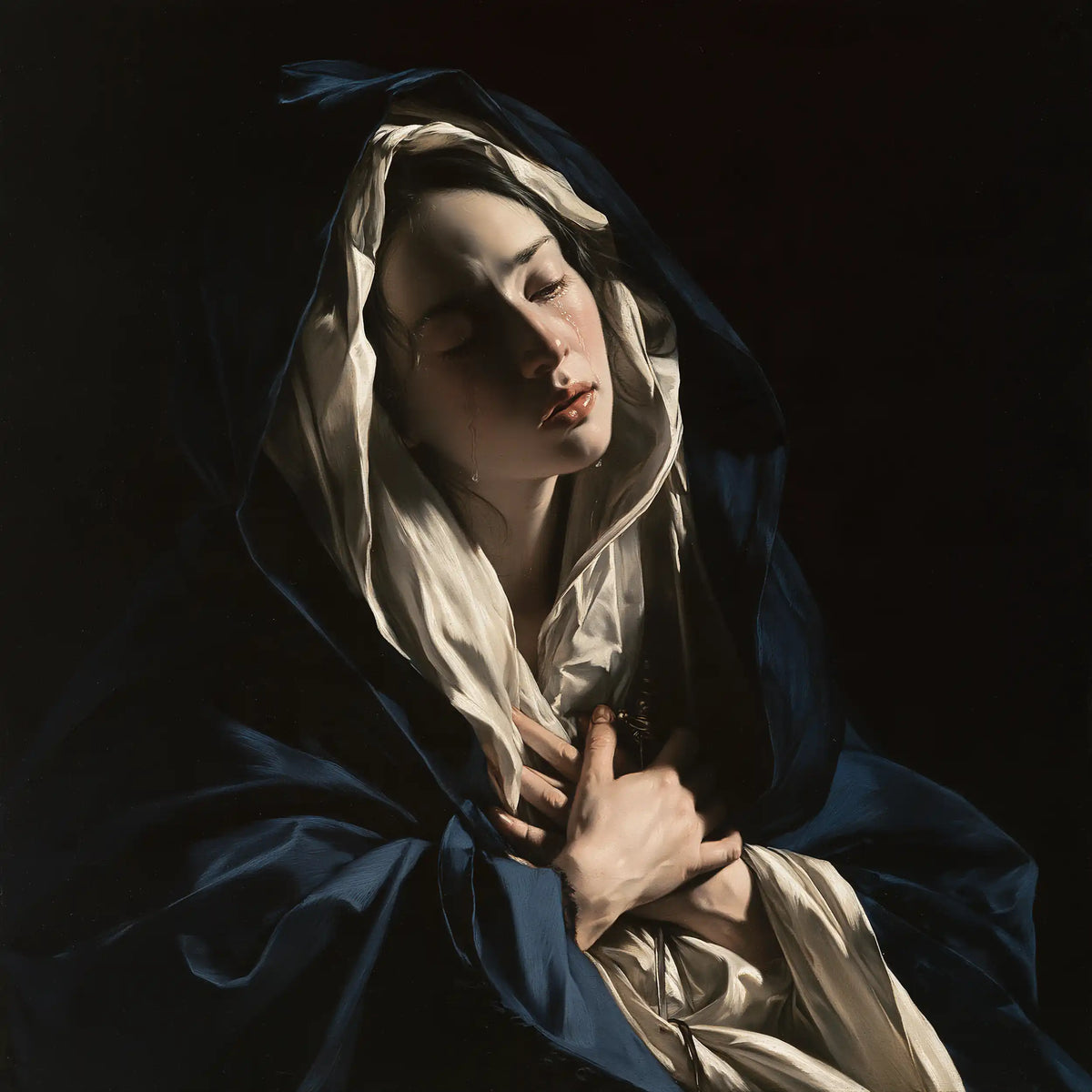 Our Lady of Sorrows in dramatic chiaroscuro in Caravaggio Tenebrism style, square Christian artwork no. 9
