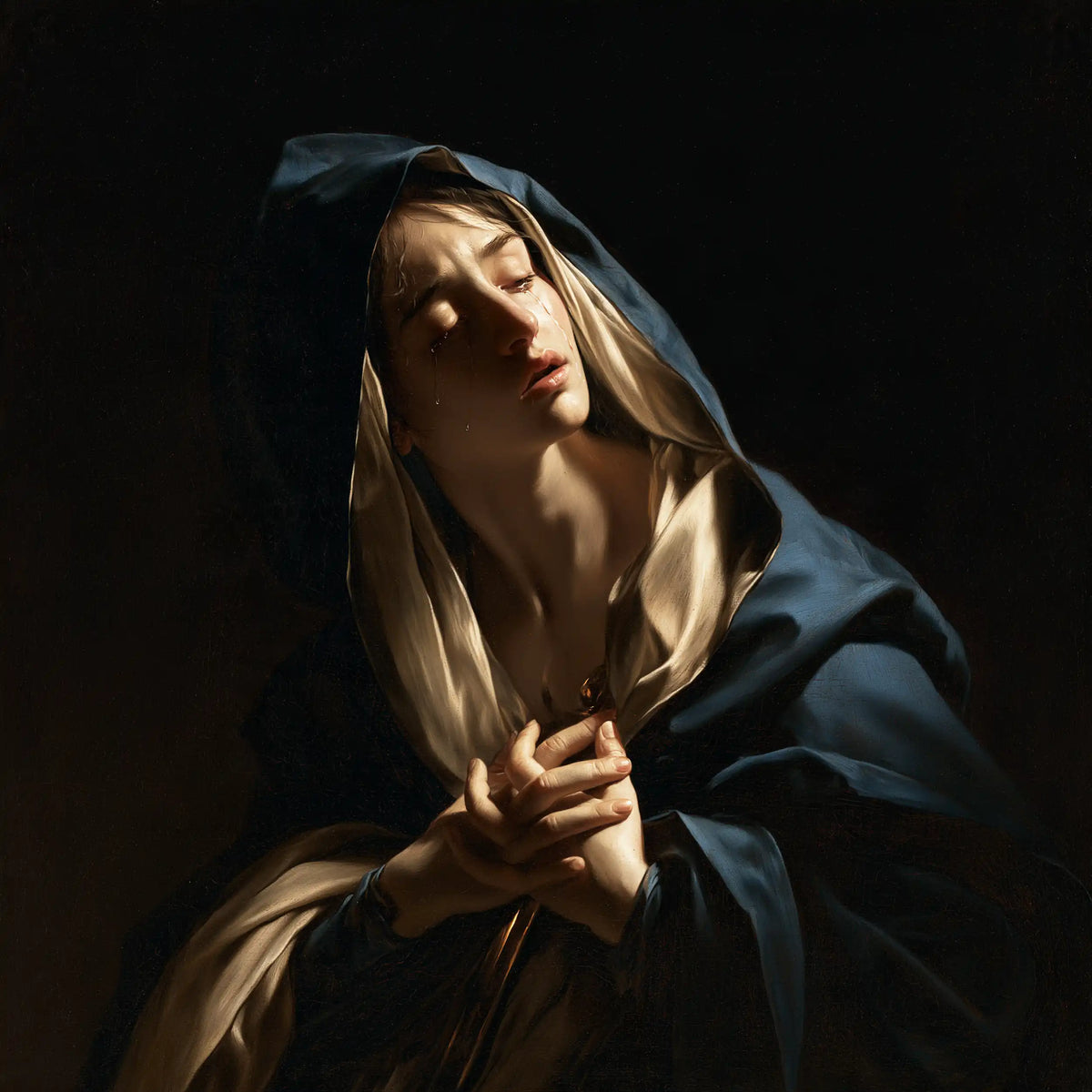 Our Lady of Sorrows in dramatic chiaroscuro in Caravaggio Tenebrism style, square Christian artwork no. 10