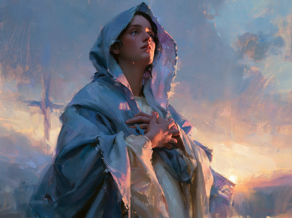 Our Lady of Sorrows in an impressionist atmosphere in Impressionist style, landscape Christian artwork no. 7