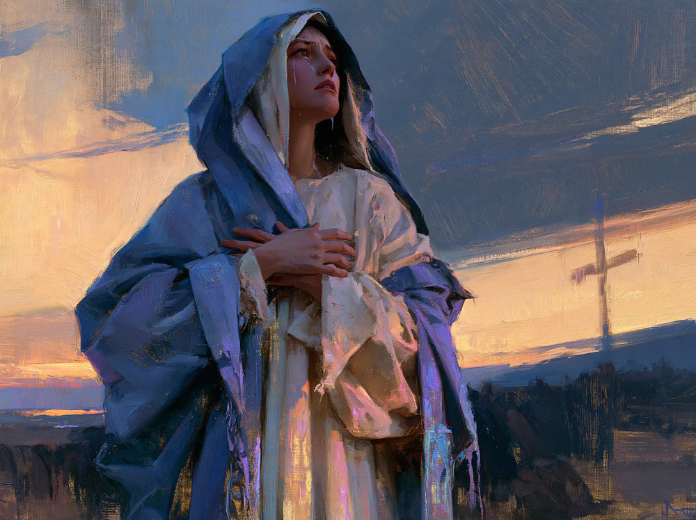 Our Lady of Sorrows in an impressionist atmosphere in Impressionist style, landscape Christian artwork no. 10