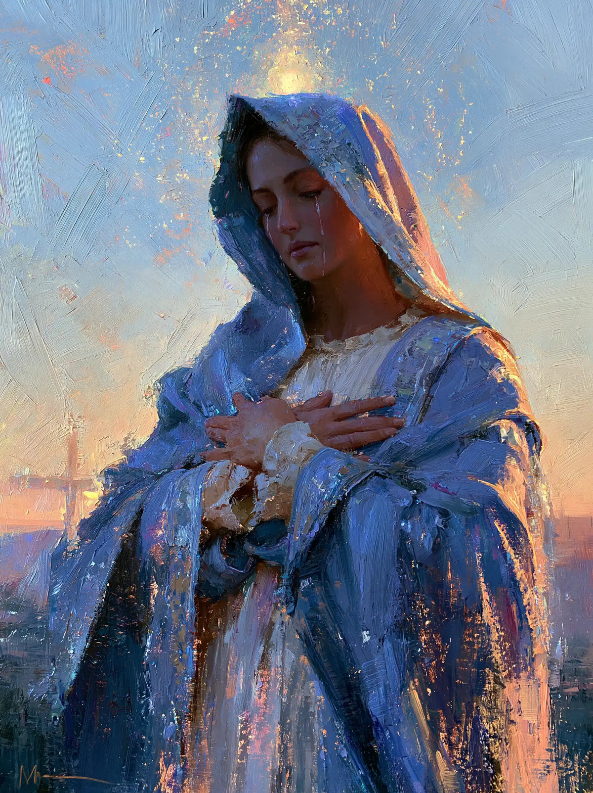 Our Lady of Sorrows in an impressionist atmosphere in Impressionist style, portrait Christian artwork no. 12