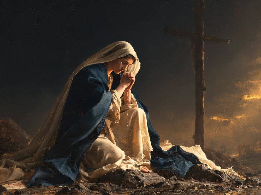 Mary kneeling before the Cross in Mary Kneeling before the Cross style, landscape Christian artwork no. 1