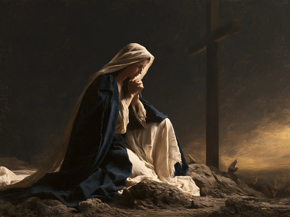Mary kneeling before the Cross in Mary Kneeling before the Cross style, landscape Christian artwork no. 3