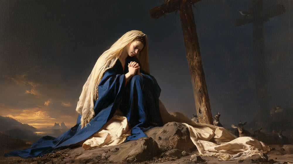 Mary kneeling before the Cross in Mary Kneeling before the Cross style, landscape Christian artwork no. 8