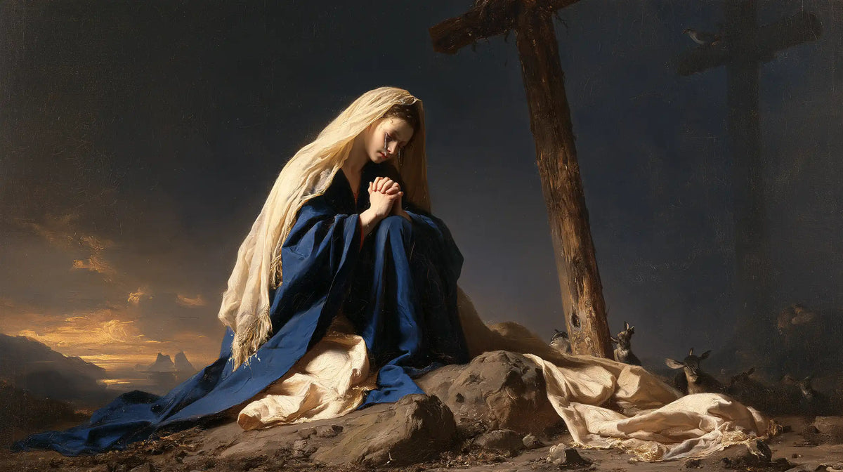 Mary kneeling before the Cross in Mary Kneeling before the Cross style, landscape Christian artwork no. 8