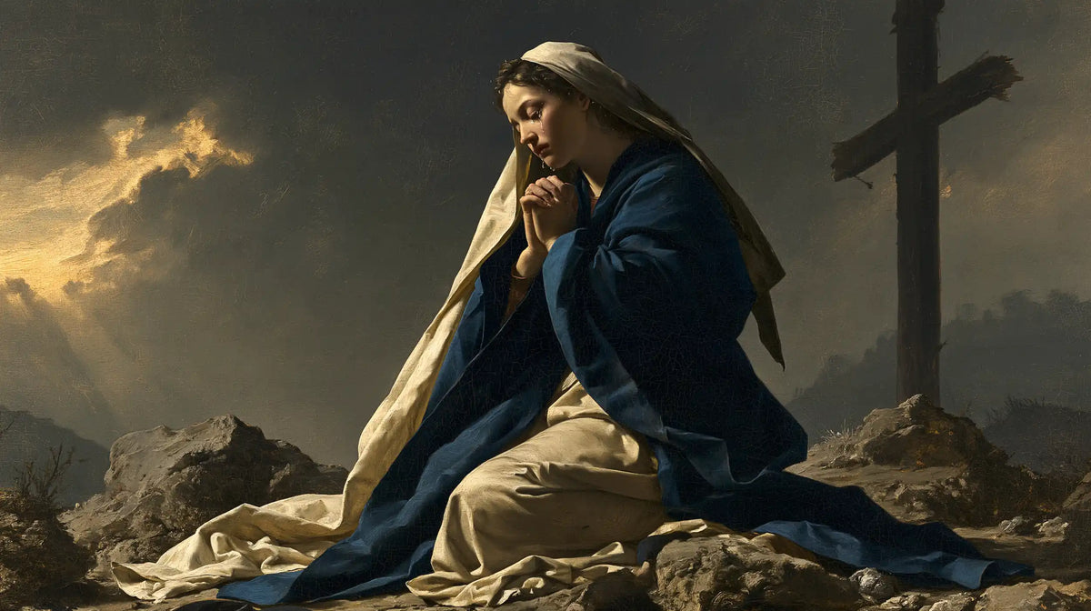 Mary kneeling before the Cross in Mary Kneeling before the Cross style, landscape Christian artwork no. 9