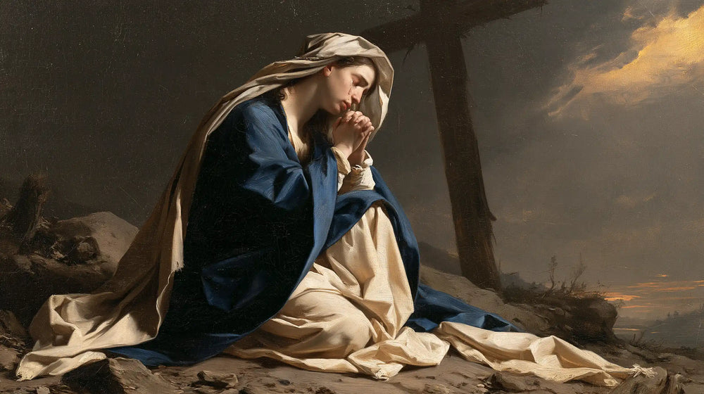 Mary kneeling before the Cross in Mary Kneeling before the Cross style, landscape Christian artwork no. 12