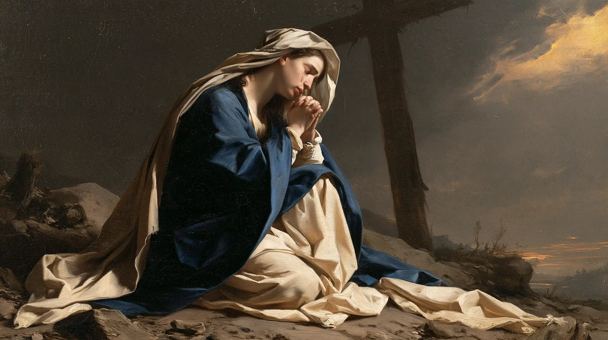 Mary kneeling before the Cross in Mary Kneeling before the Cross style, landscape Christian artwork no. 12