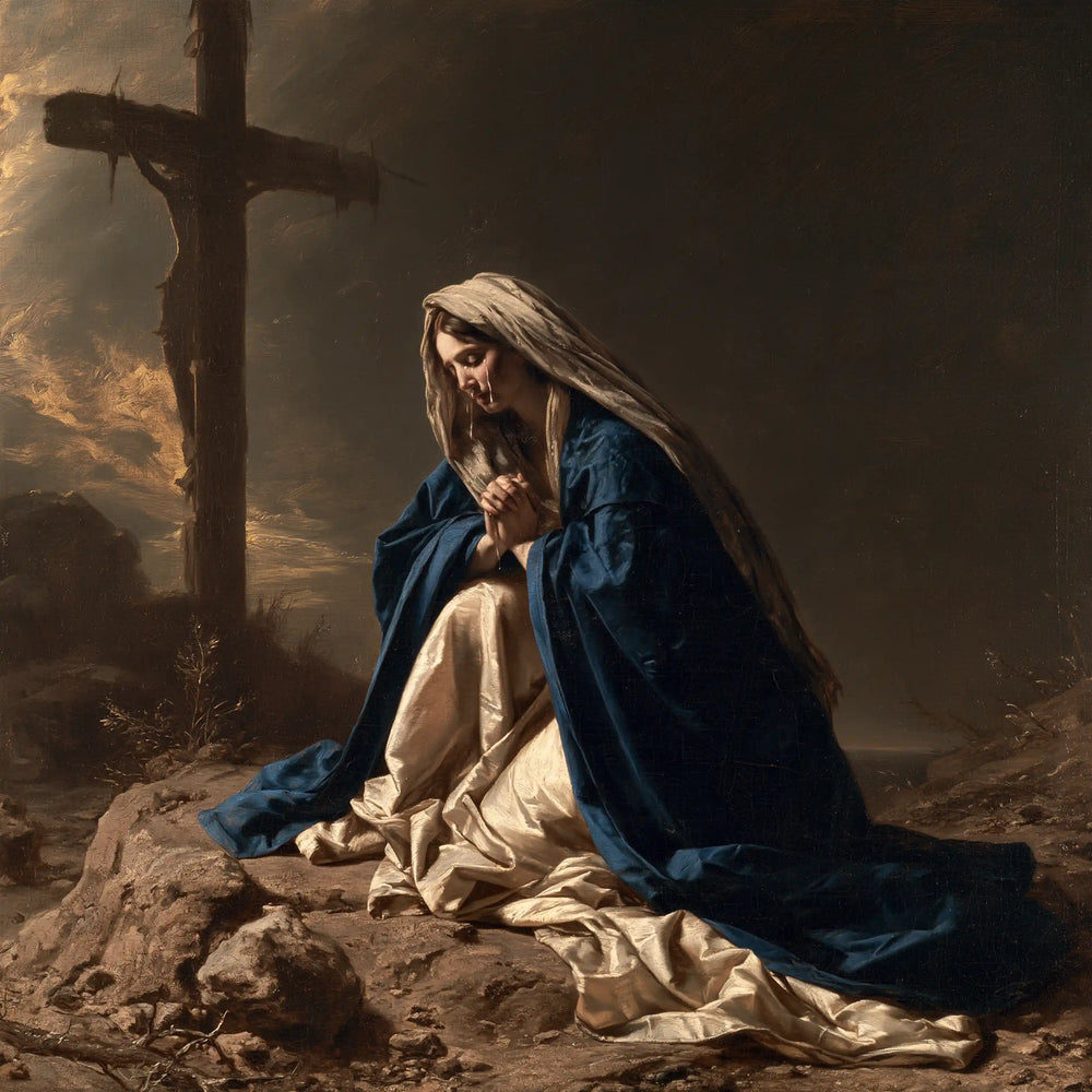 Mary kneeling before the Cross in Mary Kneeling before the Cross style, square Christian artwork no. 6