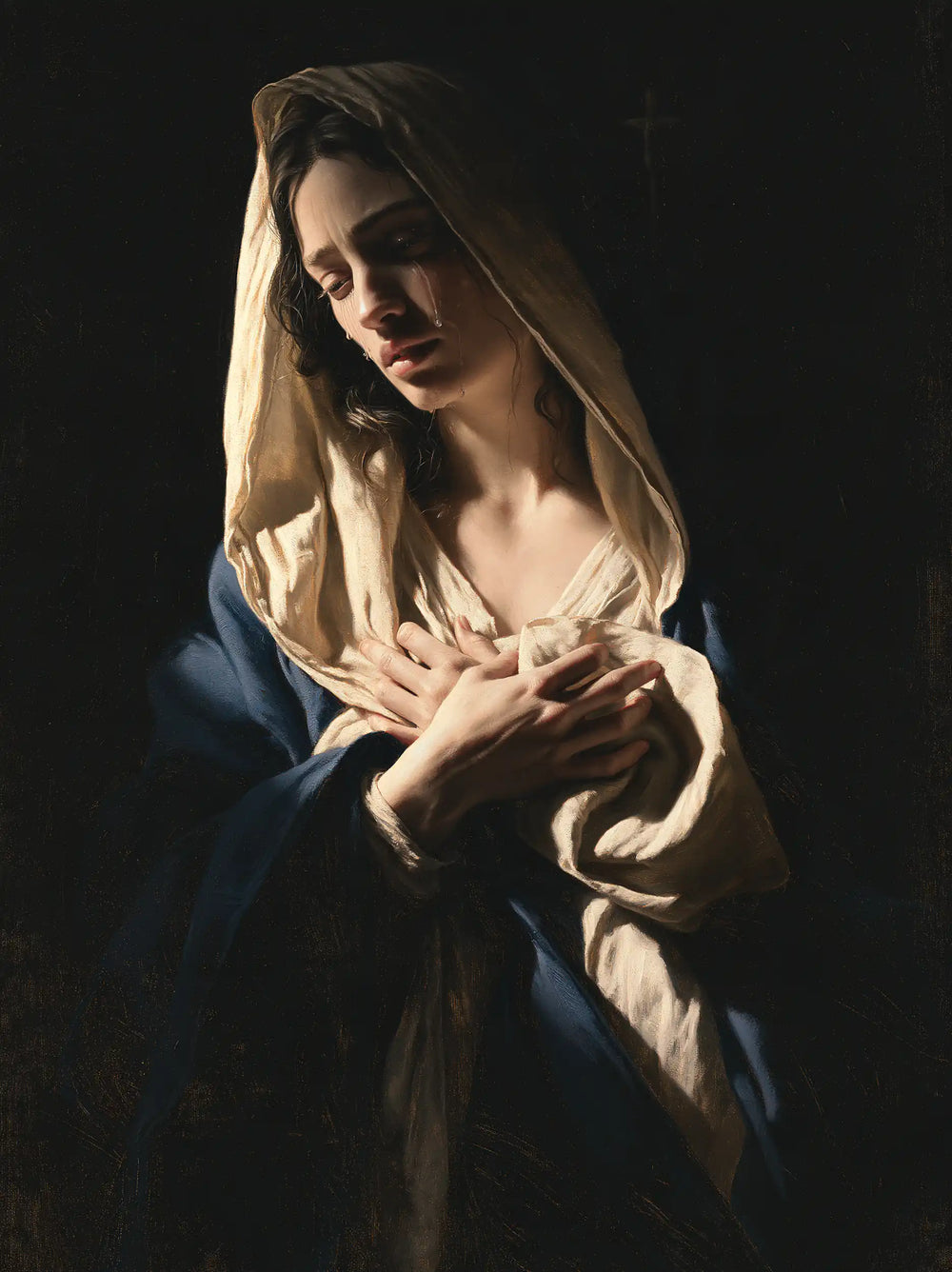 Mary as a light within sorrow in Mary as Light in Sorrow style, portrait Christian artwork no. 21