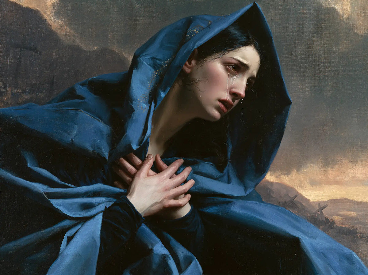 Mary experiencing profound maternal sorrow in Profound Maternal Sorrow style, landscape Christian artwork no. 1
