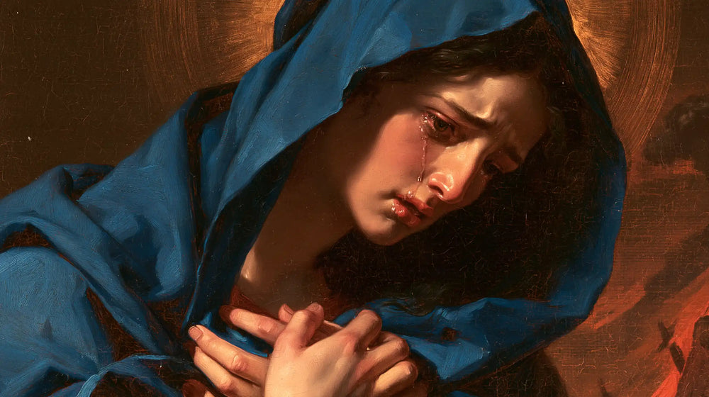 Mary experiencing profound maternal sorrow in Profound Maternal Sorrow style, landscape Christian artwork no. 17