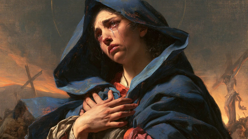 Mary experiencing profound maternal sorrow in Profound Maternal Sorrow style, landscape Christian artwork no. 18