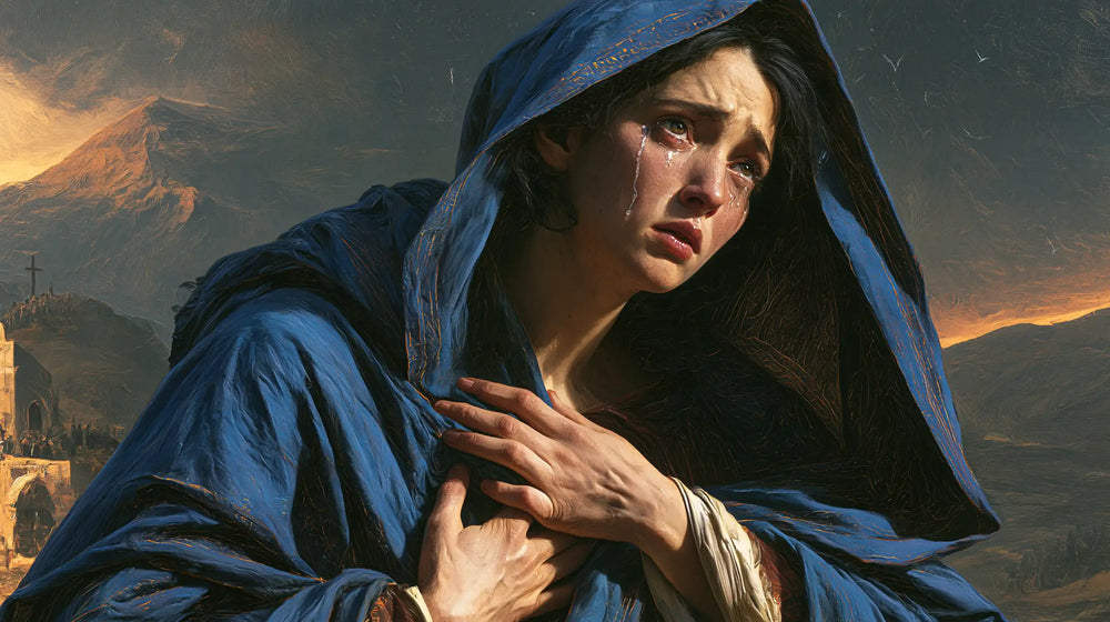 Mary experiencing profound maternal sorrow in Profound Maternal Sorrow style, landscape Christian artwork no. 23
