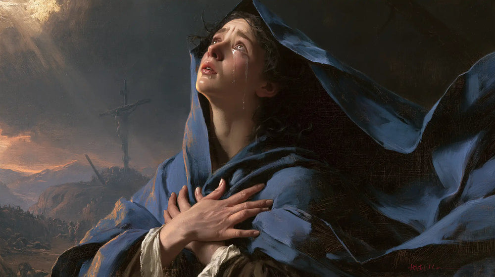 Mary experiencing profound maternal sorrow in Profound Maternal Sorrow style, landscape Christian artwork no. 24
